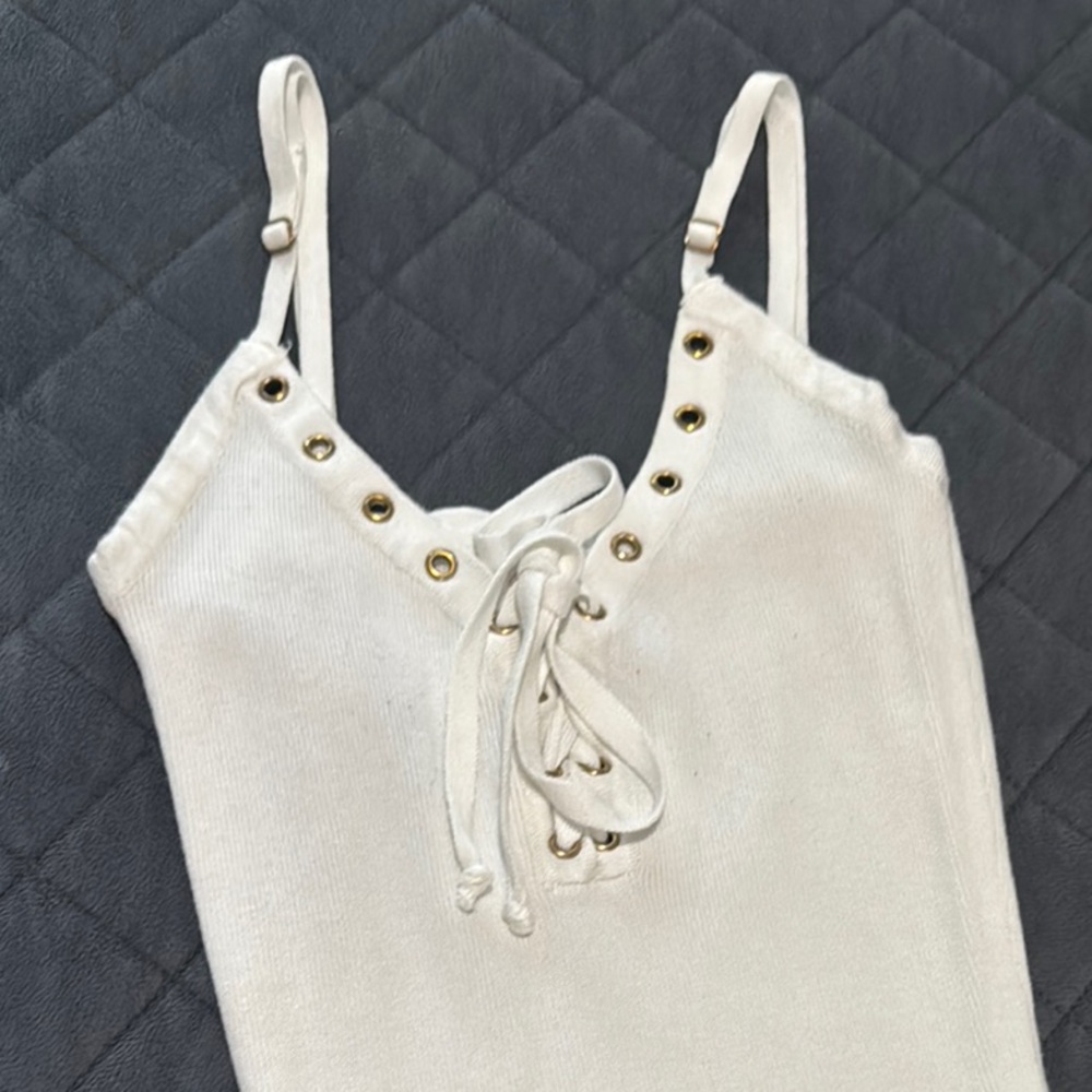 Guess Ribbed White Lace-Up Women's Midi Dress